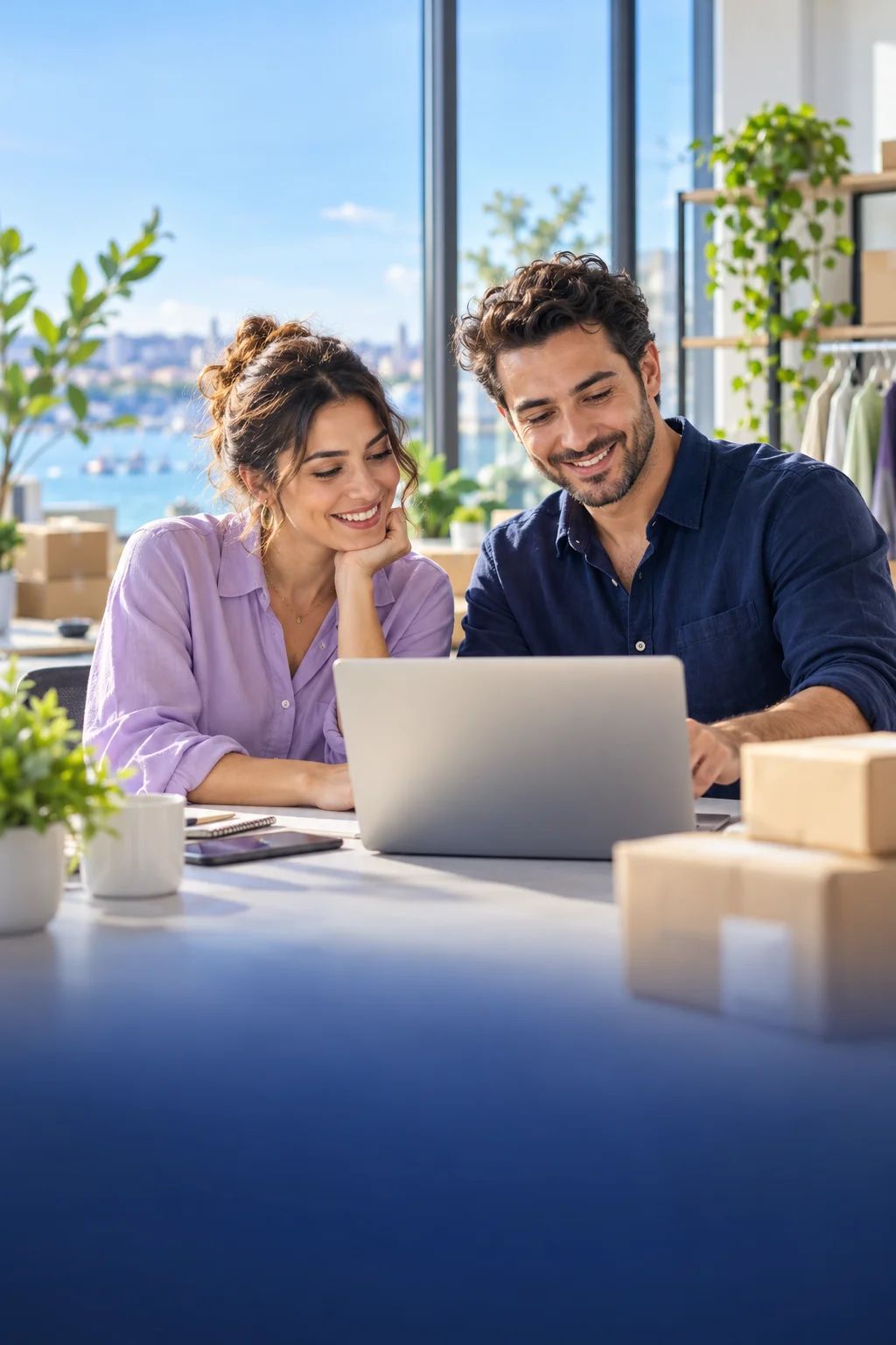Zwei lächelnde Personen arbeiten gemeinsam an einem Laptop