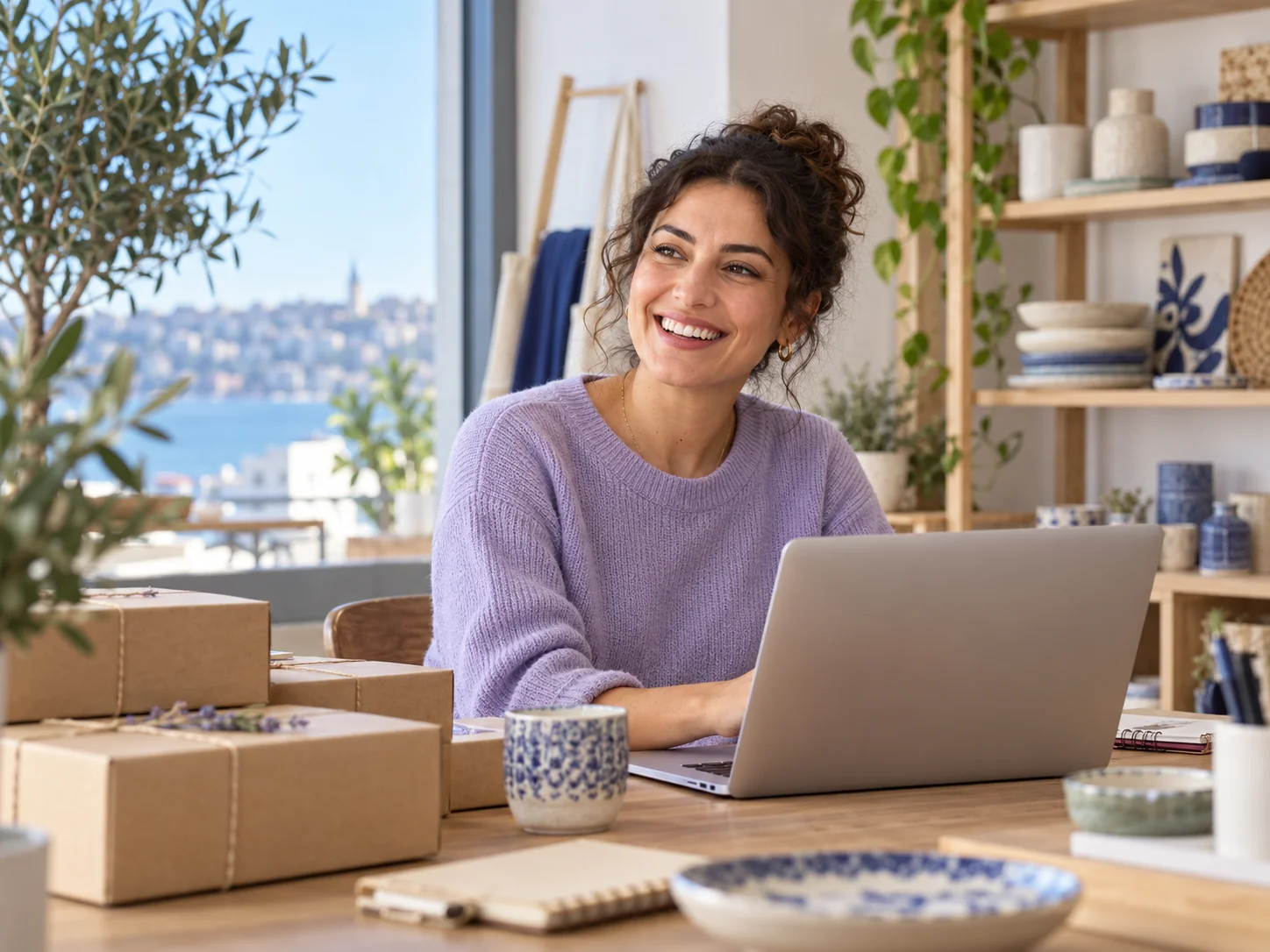 Eine lächelnde Unternehmerin verwaltet ihren Shop am Laptop