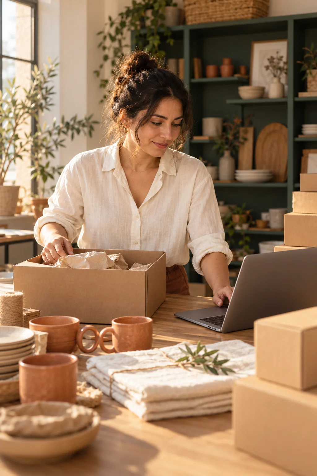 Symbolbild einer Onlinehändlerin beim Verpacken von Bestellungen